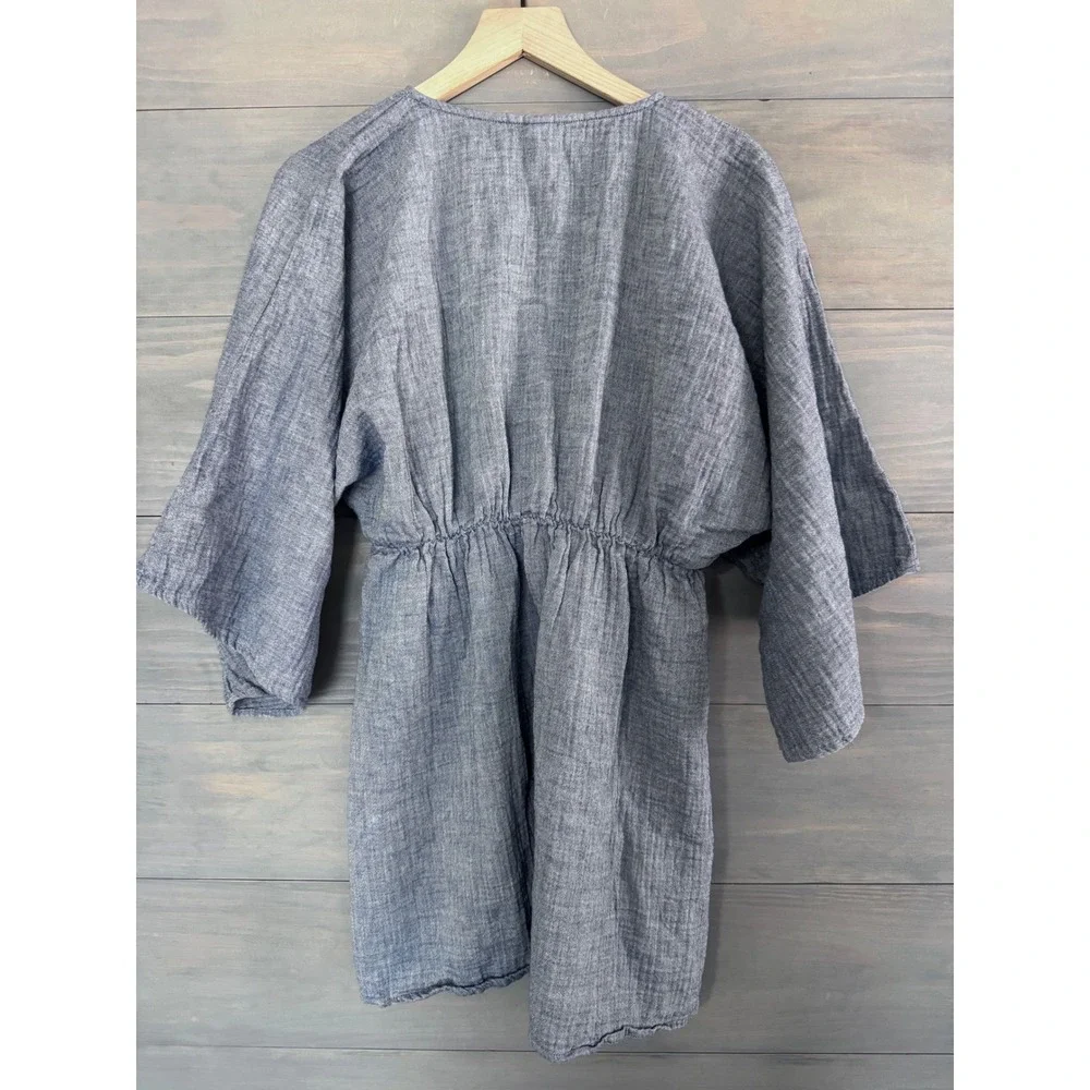 Muslin Comfort Blue‎ Chambray Tunic Dress V-Neck Kimono Sleeve Boho Women Small